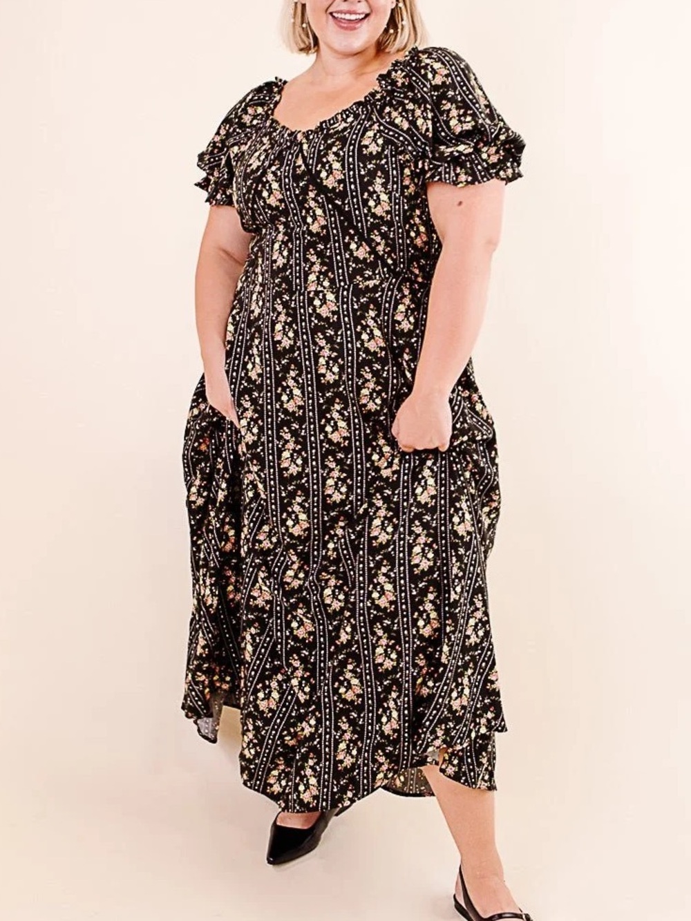 Ivy City Co Charlotte Dress Floral Print Short Sleeve Midi w Pockets Size XL